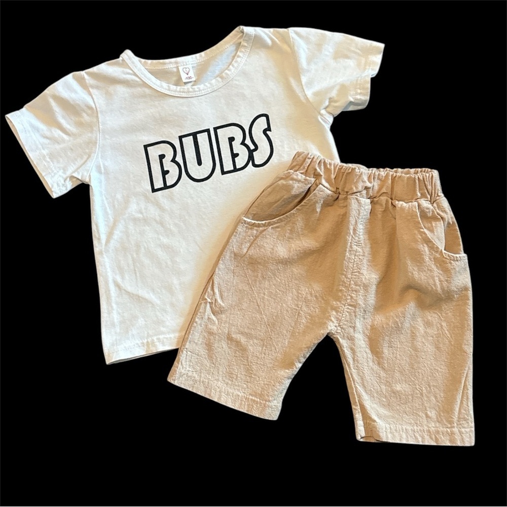 Kids Two-Piece Set - White 'Bubs' Tee & Tan Shorts Size 2T